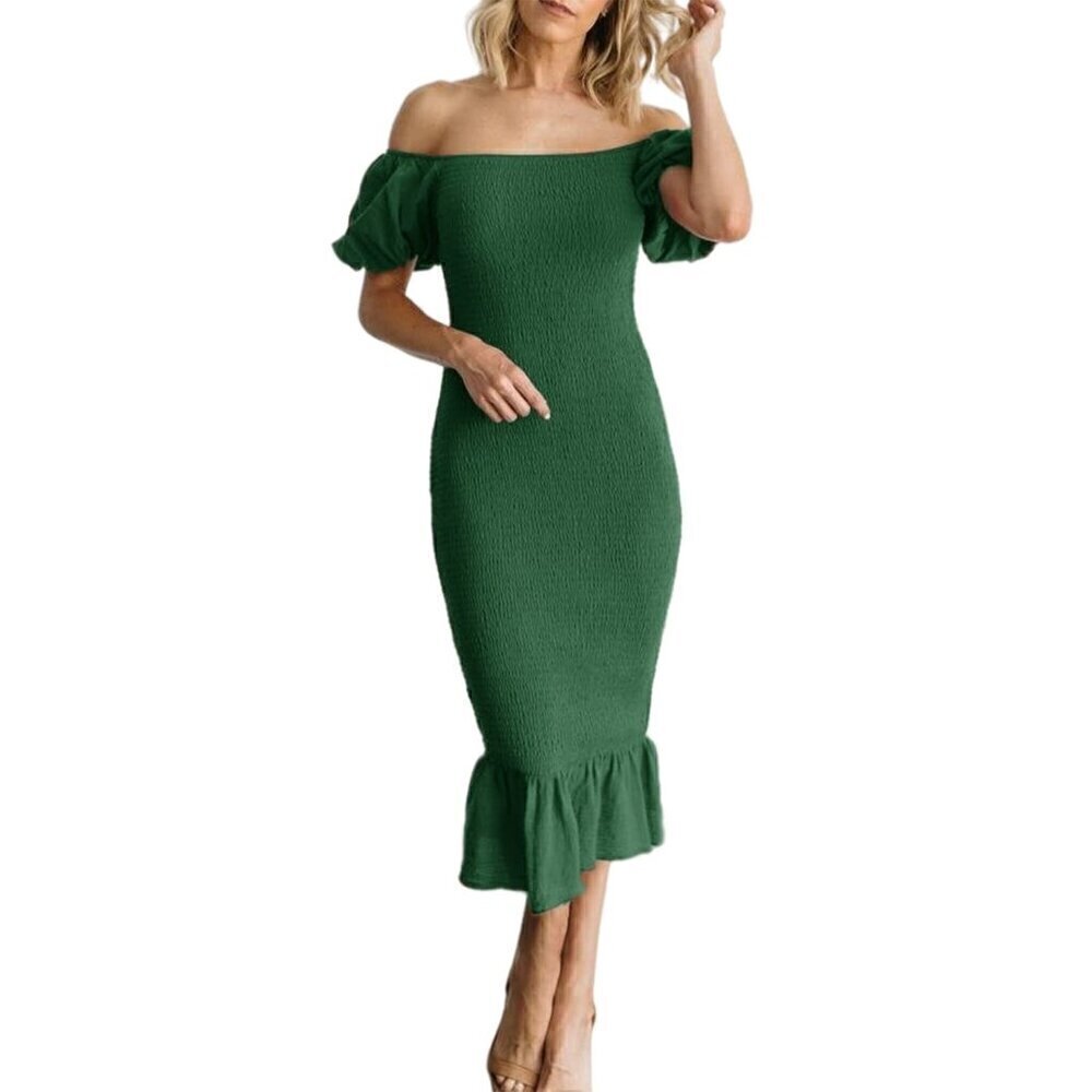 BerryGo Smocked Bodycon Off Shoulder Puff Short Sleeve Dress Ruffle Shirred XL